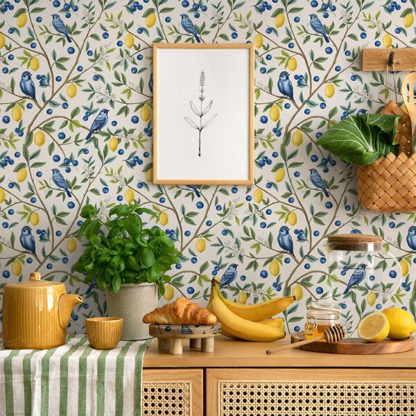 Carta da parati Uccellini blu, limoni e bacche su sfondo bianco, Parati fiori e piante classici, a00668 : Uwalls.it