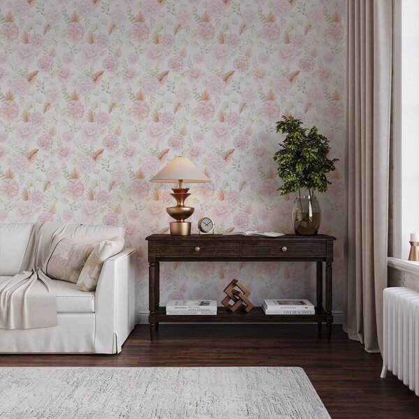Carta da parati Peonie e fogliame dai colori tenui su sfondo bianco, Parati fiori e piante classici, a00669 : Uwalls.it