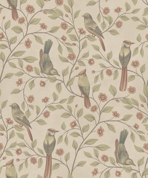 Carta da parati Uccelli su rami fioriti, sfondo beige caldo, Parati fiori e piante classici, a00670 : Uwalls.it