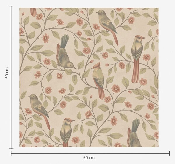 Carta da parati Uccelli su rami fioriti, sfondo beige caldo, Parati fiori e piante classici, a00670 : Uwalls.it
