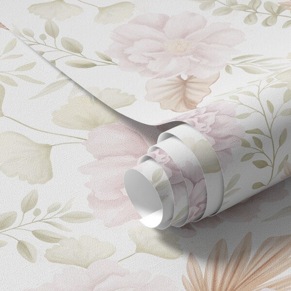 Carta da parati Peonie e fogliame dai colori tenui su sfondo bianco, Parati fiori e piante classici, a00669 : Uwalls.it