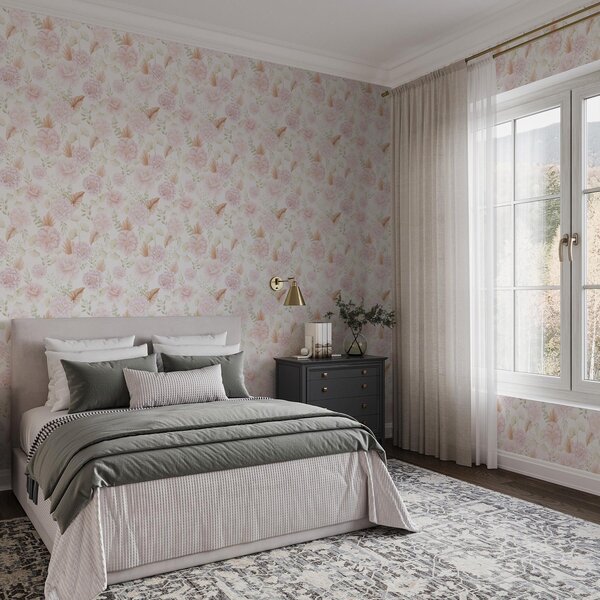 Carta da parati Peonie e fogliame dai colori tenui su sfondo bianco, Parati fiori e piante classici, a00669 : Uwalls.it