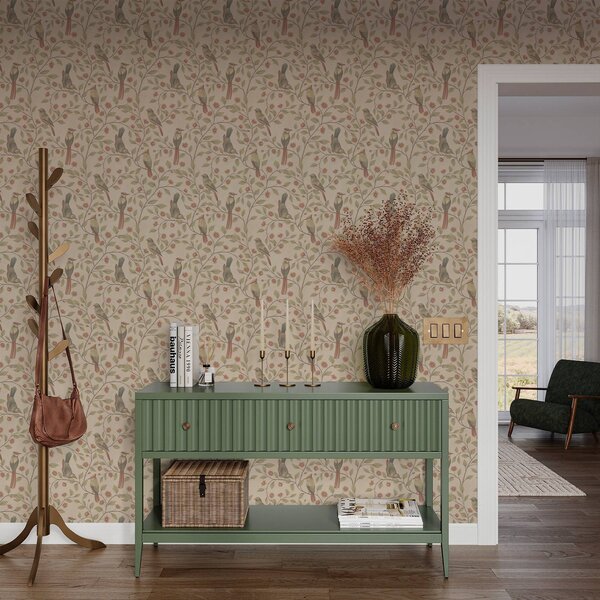Carta da parati Uccelli su rami fioriti, sfondo beige caldo, Parati fiori e piante classici, a00670 : Uwalls.it