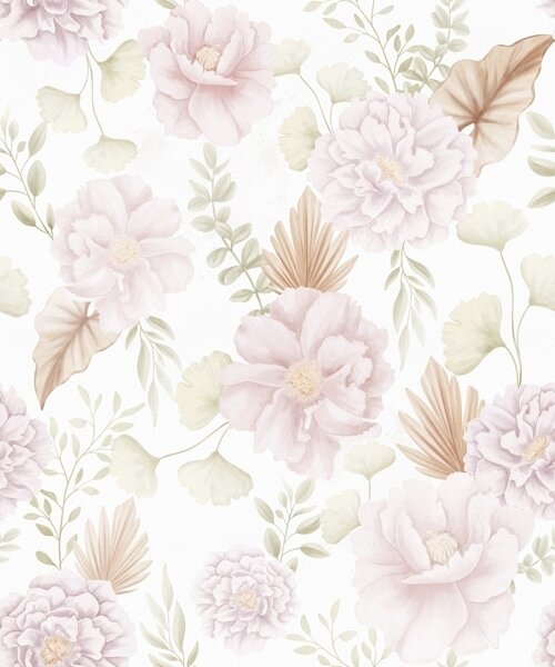 Carta da parati Peonie e fogliame dai colori tenui su sfondo bianco, Parati fiori e piante classici, a00669 : Uwalls.it