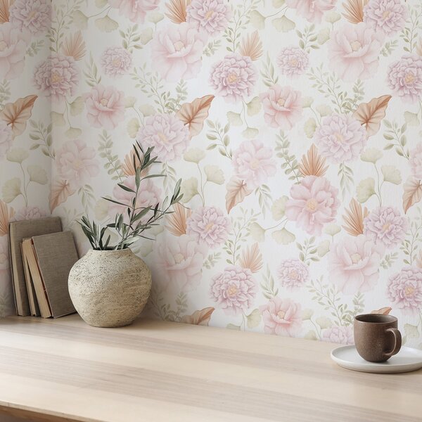 Carta da parati Peonie e fogliame dai colori tenui su sfondo bianco, Parati fiori e piante classici, a00669 : Uwalls.it