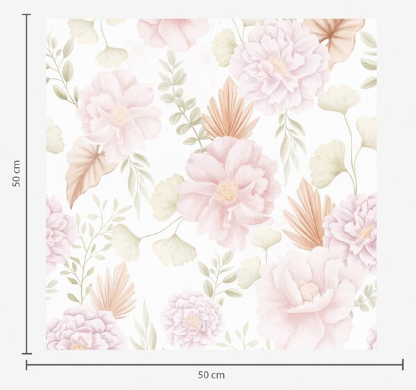 Carta da parati Peonie e fogliame dai colori tenui su sfondo bianco, Parati fiori e piante classici, a00669 : Uwalls.it