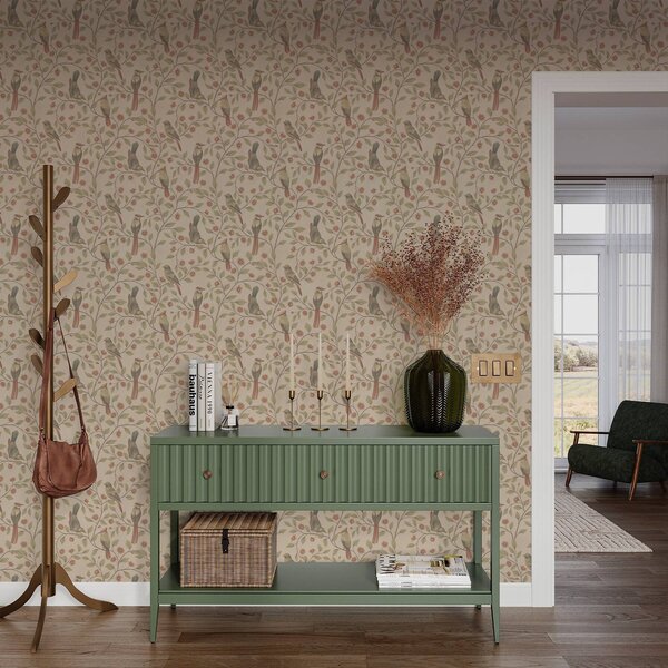 Carta da parati Uccelli su rami fioriti, sfondo beige caldo, Parati fiori e piante classici, a00670 : Uwalls.it