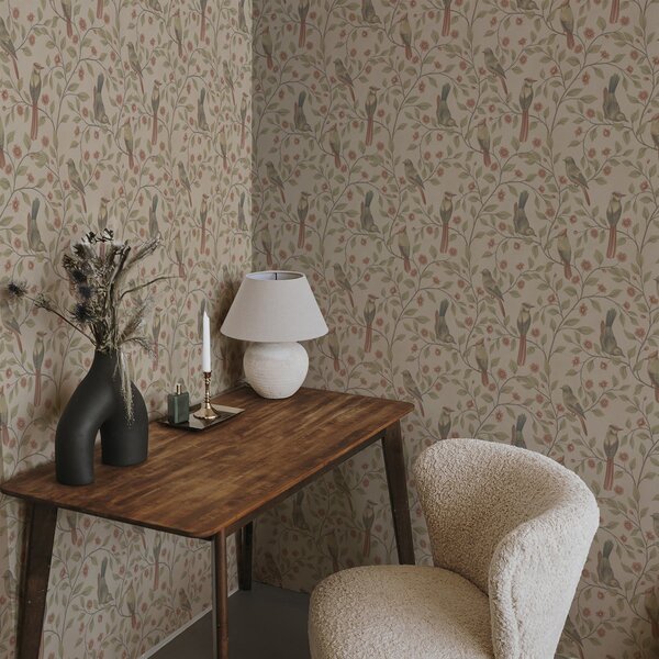 Carta da parati Uccelli su rami fioriti, sfondo beige caldo, Parati fiori e piante classici, a00670 : Uwalls.it