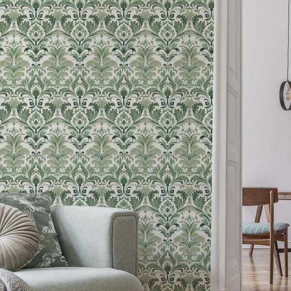 Carta da parati Damasco verde con texture in rilievo su sfondo chiaro, Parati stile orientale classici, a00692 : Uwalls.it