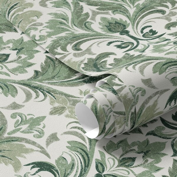 Carta da parati Damasco verde con texture in rilievo su sfondo chiaro, Parati stile orientale classici, a00692 : Uwalls.it