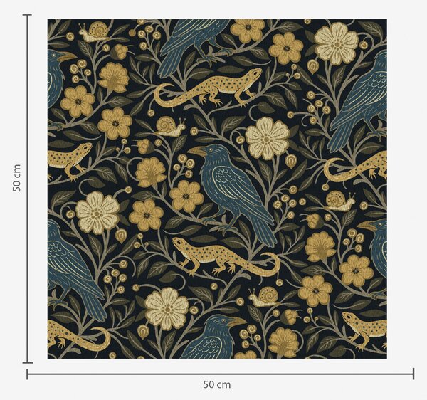 Carta da parati Uccelli, lucertole e lumache tra i fiori su uno sfondo scuro, Parati fiori e piante classici, a00691 : Uwalls.it