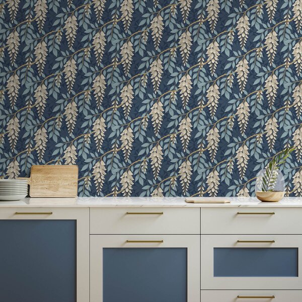 Carta da parati Glicine con foglie blu su sfondo blu scuro, Parati fiori e piante classici, a00694v2 : Uwalls.it