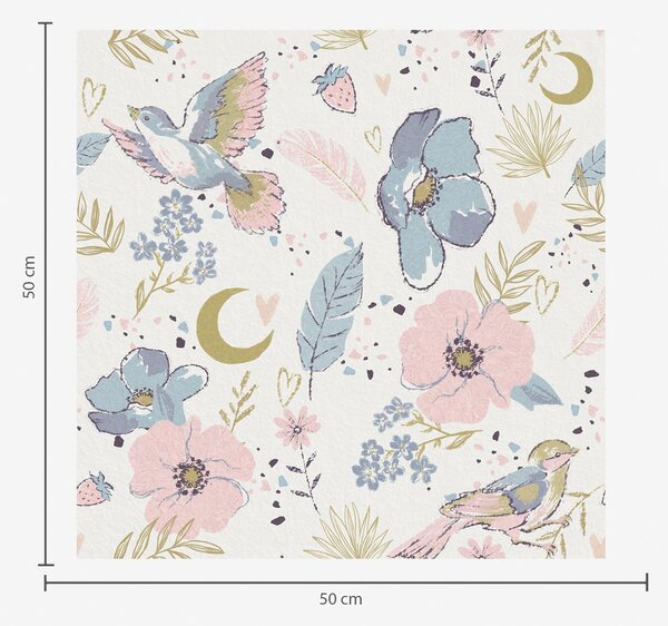 Carta da parati Uccelli e fiori dai colori pastello con mezzelune su sfondo bianco, Parati fiori e piante classici, a00721 : Uwalls.it