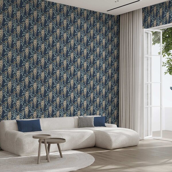 Carta da parati Glicine con foglie blu su sfondo blu scuro, Parati fiori e piante classici, a00694v2 : Uwalls.it