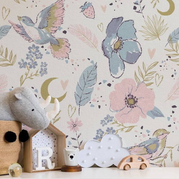 Carta da parati Uccelli e fiori dai colori pastello con mezzelune su sfondo bianco, Parati fiori e piante classici, a00721 : Uwalls.it
