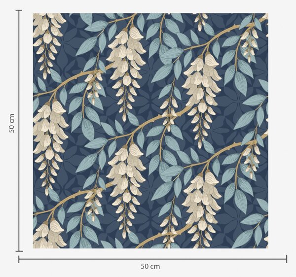 Carta da parati Glicine con foglie blu su sfondo blu scuro, Parati fiori e piante classici, a00694v2 : Uwalls.it