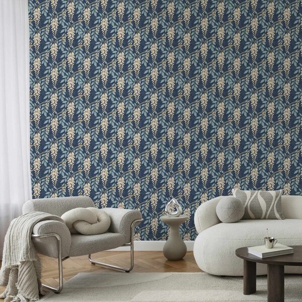 Carta da parati Glicine con foglie blu su sfondo blu scuro, Parati fiori e piante classici, a00694v2 : Uwalls.it