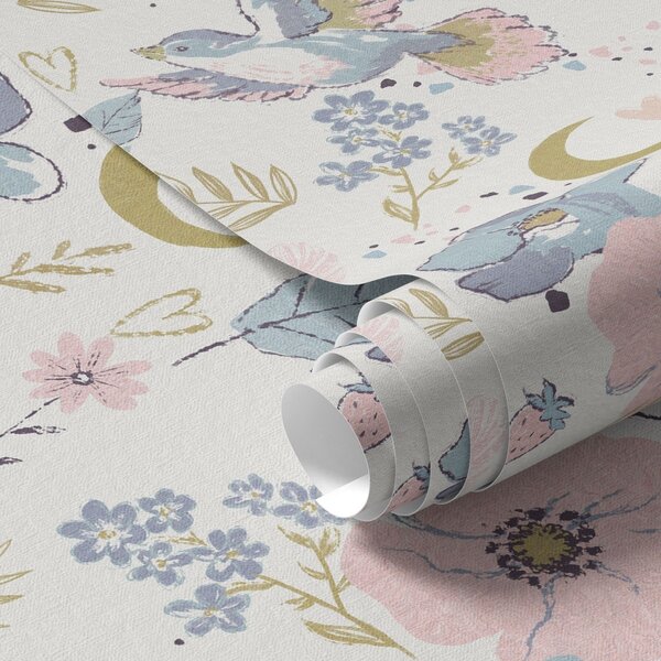 Carta da parati Uccelli e fiori dai colori pastello con mezzelune su sfondo bianco, Parati fiori e piante classici, a00721 : Uwalls.it
