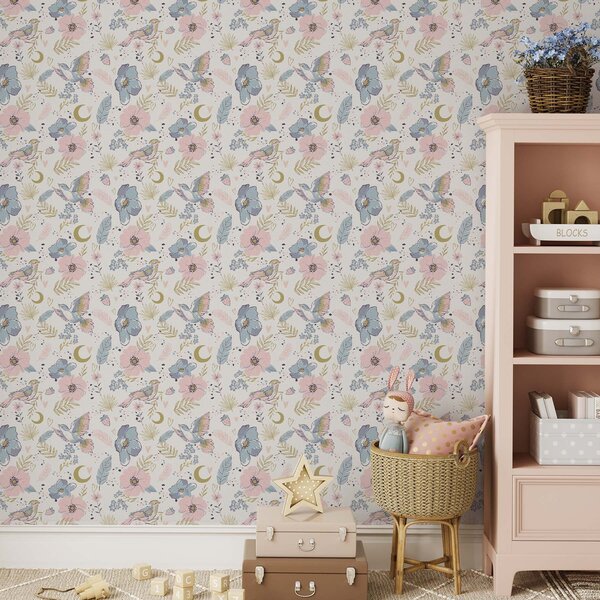Carta da parati Uccelli e fiori dai colori pastello con mezzelune su sfondo bianco, Parati fiori e piante classici, a00721 : Uwalls.it