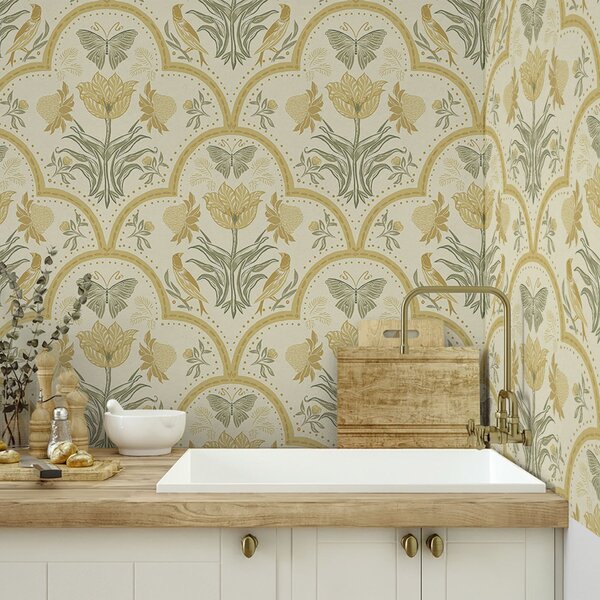 Carta da parati Ornamento con tulipano, uccelli e farfalle, ocra, Parati fiori e piante classici, a00722 : Uwalls.it