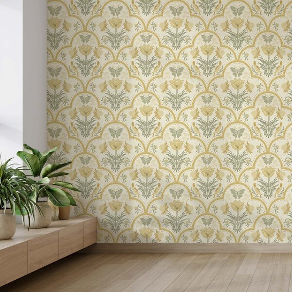 Carta da parati Ornamento con tulipano, uccelli e farfalle, ocra, Parati fiori e piante classici, a00722 : Uwalls.it