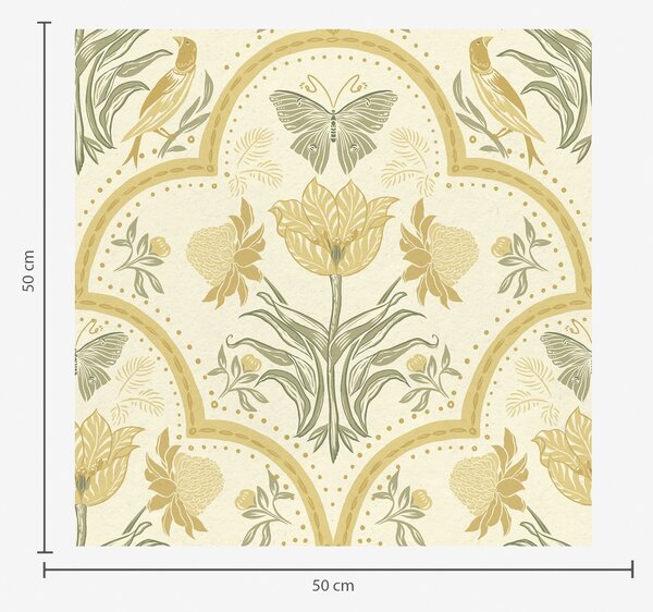 Carta da parati Ornamento con tulipano, uccelli e farfalle, ocra, Parati fiori e piante classici, a00722 : Uwalls.it