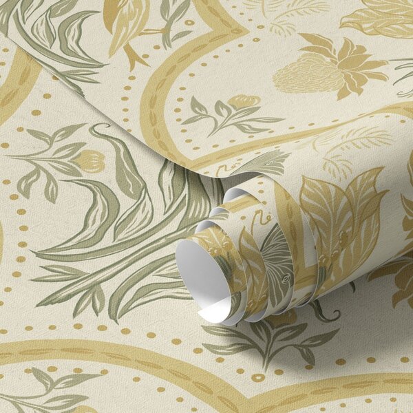 Carta da parati Ornamento con tulipano, uccelli e farfalle, ocra, Parati fiori e piante classici, a00722 : Uwalls.it