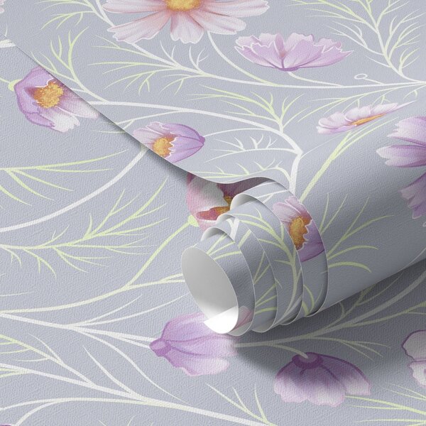 Carta da parati Cosmos rosa e steli sottili su sfondo grigio, Parati fiori e piante classici, a00791 : Uwalls.it