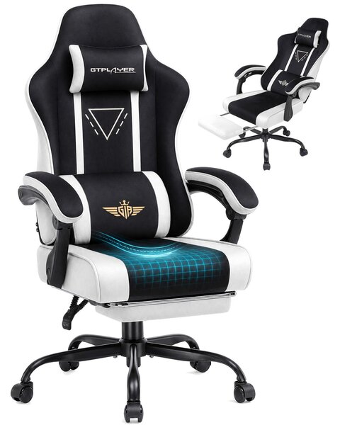 Sedia da gaming GTPLAYER, ergonomica, con rivestimento in tessuto, cuscino imbottito, braccioli regolabili e poggiapiedi, capacità di carico fino a 150 kg
