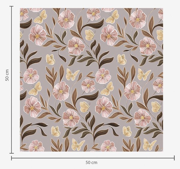 Carta da parati Fiori rosa e farfalle su sfondo grigio-beige, Parati fiori e piante classici, a00633 : Uwalls.it