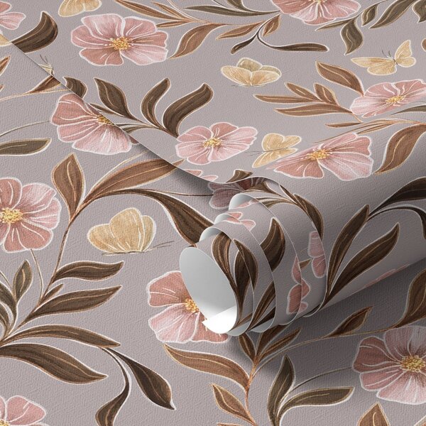 Carta da parati Fiori rosa e farfalle su sfondo grigio-beige, Parati fiori e piante classici, a00633 : Uwalls.it