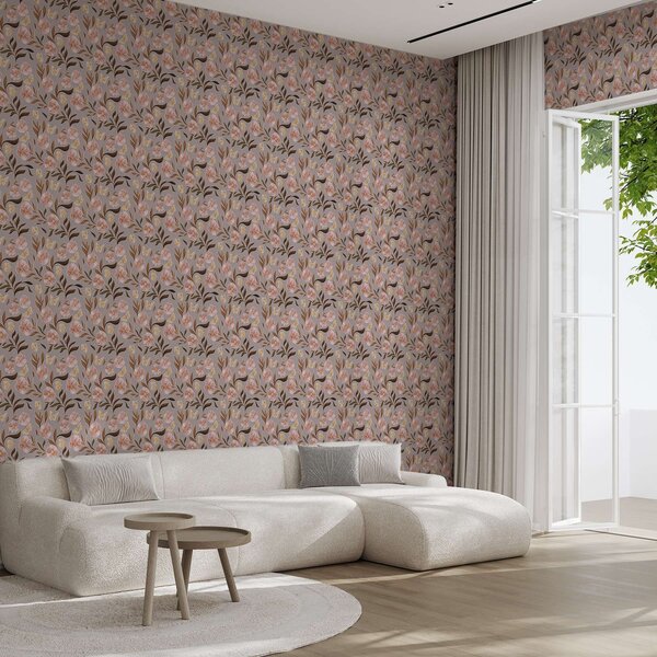 Carta da parati Fiori rosa e farfalle su sfondo grigio-beige, Parati fiori e piante classici, a00633 : Uwalls.it