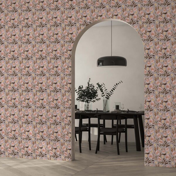 Carta da parati Fiori rosa e farfalle su sfondo grigio-beige, Parati fiori e piante classici, a00633 : Uwalls.it