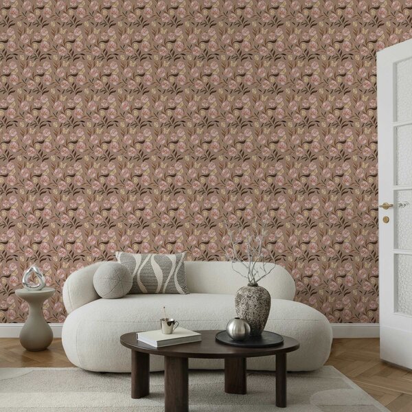Carta da parati Fiori rosa e farfalle su uno sfondo marrone caldo, Parati fiori e piante classici, a00633v1 : Uwalls.it