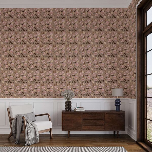 Carta da parati Fiori rosa e farfalle su uno sfondo marrone caldo, Parati fiori e piante classici, a00633v1 : Uwalls.it