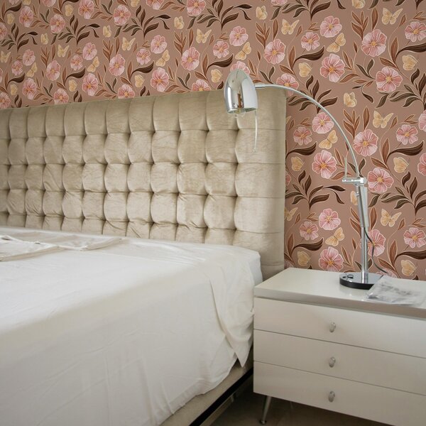 Carta da parati Fiori rosa e farfalle su uno sfondo marrone caldo, Parati fiori e piante classici, a00633v1 : Uwalls.it