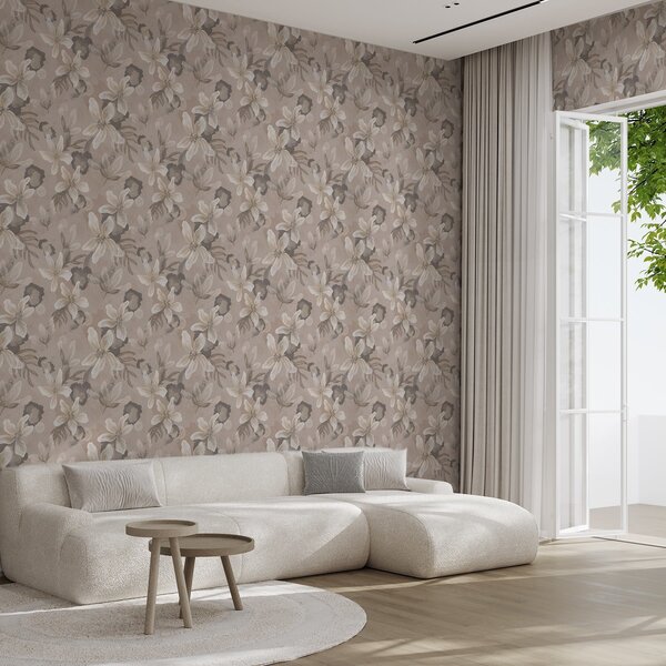 Carta da parati Grandi fiori beige con macchie astratte acquerellate, Parati fiori e piante classici, a00635 : Uwalls.it