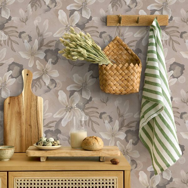Carta da parati Grandi fiori beige con macchie astratte acquerellate, Parati fiori e piante classici, a00635 : Uwalls.it