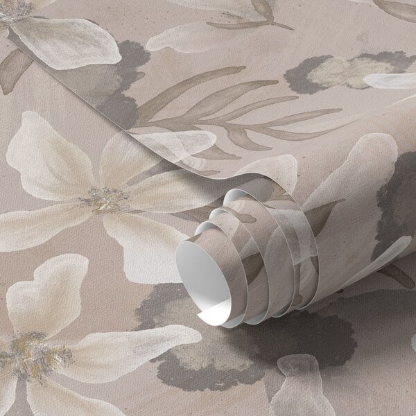 Carta da parati Grandi fiori beige con macchie astratte acquerellate, Parati fiori e piante classici, a00635 : Uwalls.it