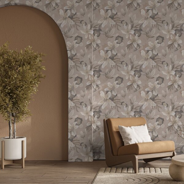 Carta da parati Grandi fiori beige con macchie astratte acquerellate, Parati fiori e piante classici, a00635 : Uwalls.it