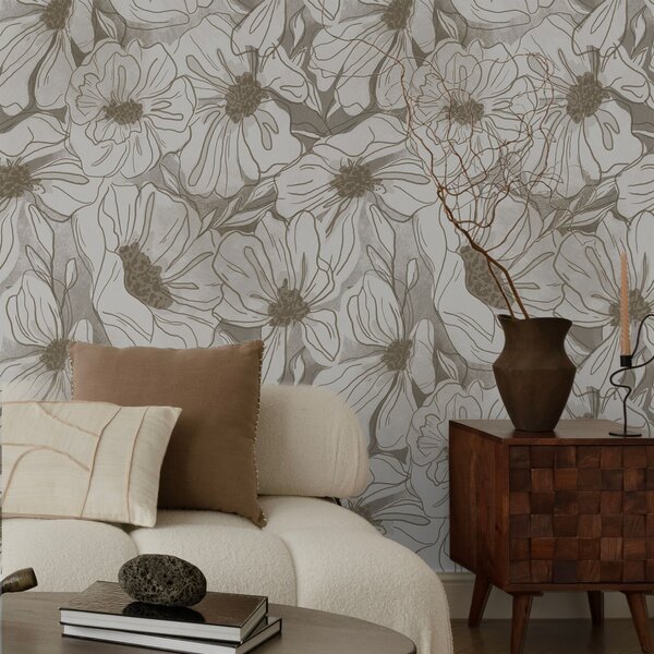 Carta da parati Fiori lineari in una palette monocromatica beige-grigio, Parati fiori e piante classici, a00636 : Uwalls.it