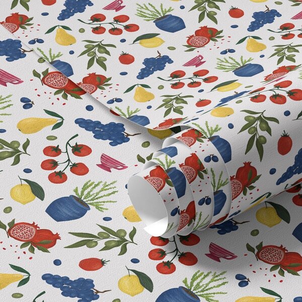 Carta da parati Motivo botanico con frutta dai colori vivaci su sfondo bianco, Parati classici Cibo e bevande, a00637v1 : Uwalls.it