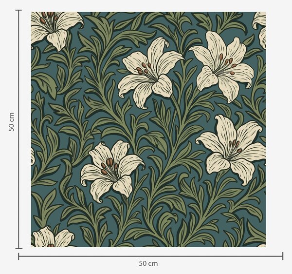 Carta da parati Gigli color crema tra una fitta vegetazione su sfondo turchese, Parati fiori e piante classici, a00645 : Uwalls.it