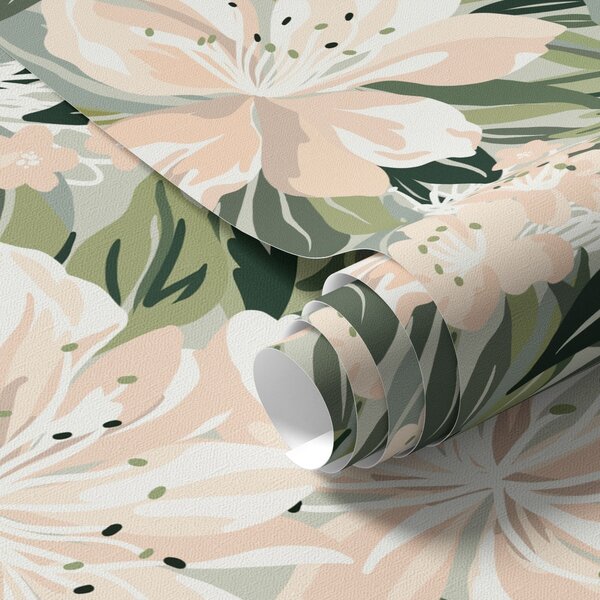 Carta da parati Grandi fiori color crema su sfondo verde chiaro, Parati fiori e piante classici, a00646 : Uwalls.it