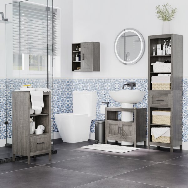 Kleankin Pensile Bagno con 3 Ripiani Aperti e Armadietto in Legno Truciolare, 48x20x50cm, Grigio|Aosom