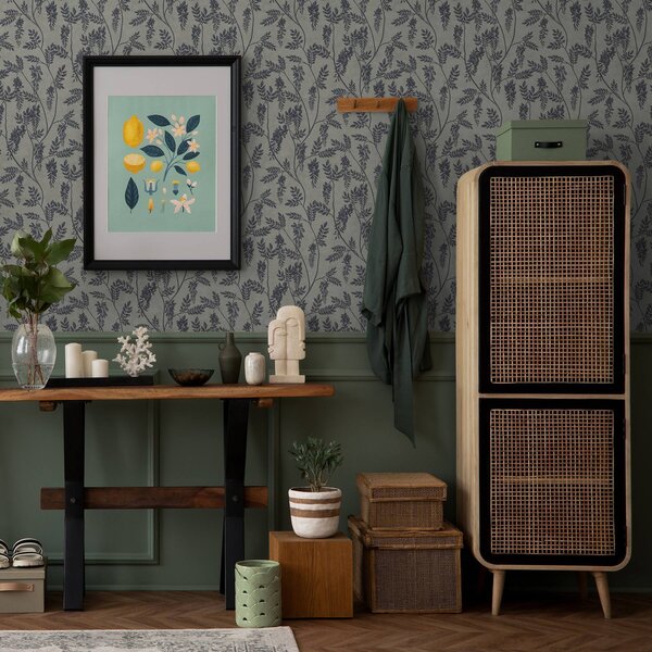Carta da parati Rami con fiori scuri su sfondo grigio-beige, Parati fiori e piante classici, a00672 : Uwalls.it