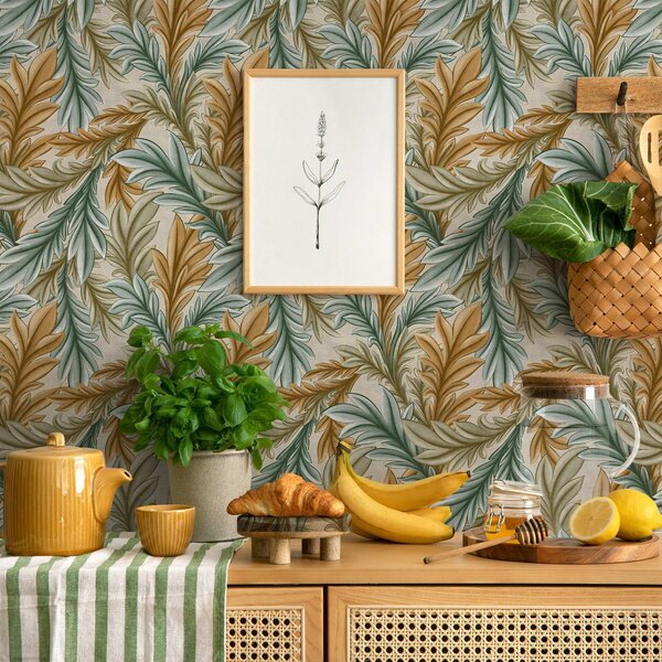 Carta da parati Fogliame decorativo in una calda palette di colori ocra e verde, Parati fiori e piante classici, a00673 : Uwalls.it