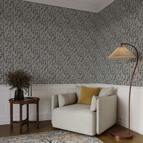 Carta da parati Rami con fiori scuri su sfondo grigio-beige, Parati fiori e piante classici, a00672 : Uwalls.it