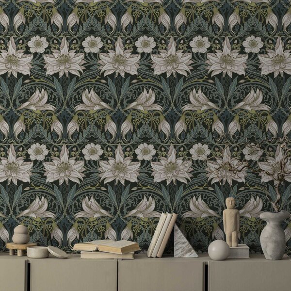 Carta da parati Composizione Art Nouveau con gigli su sfondo scuro, Parati fiori e piante classici, a00696 : Uwalls.it
