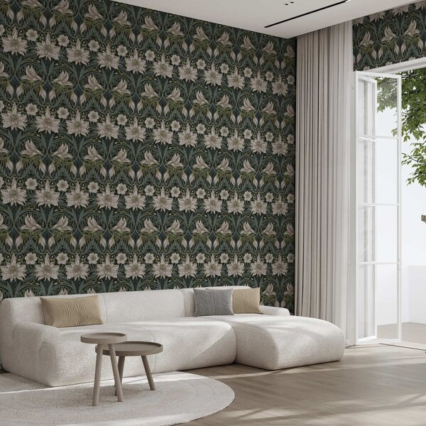Carta da parati Composizione Art Nouveau con gigli su sfondo scuro, Parati fiori e piante classici, a00696 : Uwalls.it